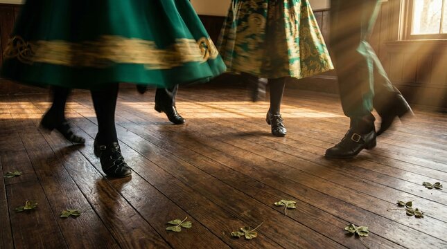 People dancing traditional Irish dance with shamrocks on floor. St Patricks Day celebration with folk music and cultural heritage.
