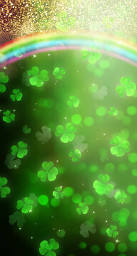 St. Patrick's Day green festive background with flying shamrock leaves and rainbow, holiday party pattern with clover, abstract celebrating vertical backdrop with glittering golden bokeh.