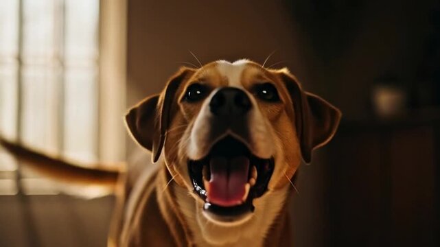 Cuddly dog lying on floor in warm sunlight indoors