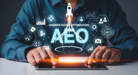 Man using digital tablet with AEO answer engine optimization text and various business and AI related icons rising up