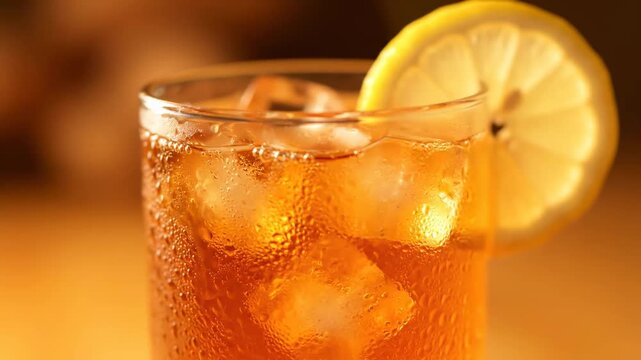 Extreme close-up of refreshing amber liquid being poured into a condensation-covered glass filled with ice and garnished with a fresh lemon slice, emphasizing cool summer drinks and thirst relief.