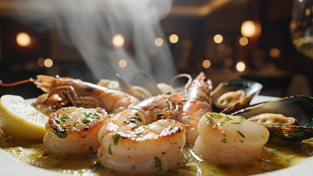 Steaming hot seafood featuring plump shrimp juicy scallops and dark mussels seasoned with herbs and served with a lemon wedge on a white plate