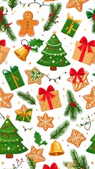 Seamless Christmas pattern with gifts, cookies, tree, and ornaments on white background