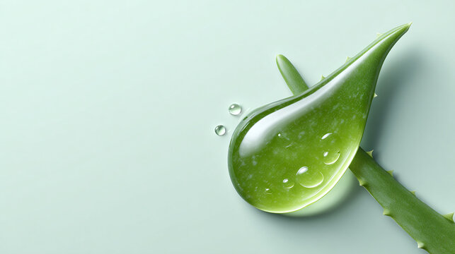A macro shot of aloe vera with a big water droplet. The image conveys the essence of skincare and natural remedies. The detail of the leaves and droplet suggests hydration