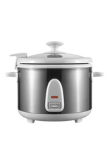 Stainless steel slow cooker with white lid cooking isolated on a transparent background