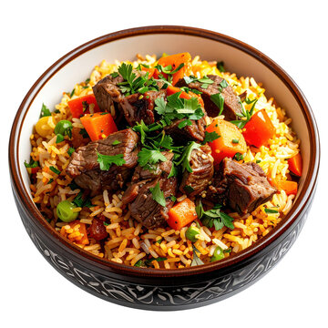 Appetizing uzbek beef plov with golden rice and vegetables, beautifully presented and isolated on white background for a stock image