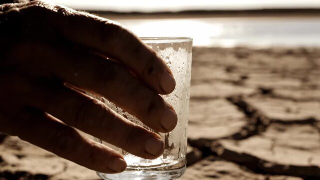 A person s hand rests on the parched cracked earth near a shimmering body of water symbolizing drought and environmental hardship