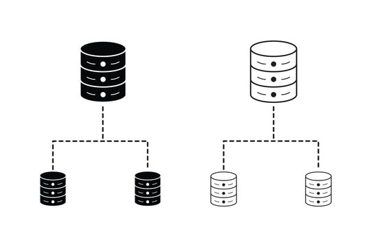 Distributed cloud database server network, flat vector line icons for data flow architecture.