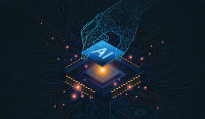 Advanced AI microchip processing unit on complex digital circuit board.A futuristic vector illustration of a robotic wireframe hand placing an AI processor onto a highly detailed motherboard.