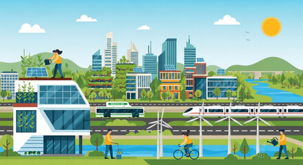 Eco friendly cityscape with green architecture renewable energy and sustainable transportation