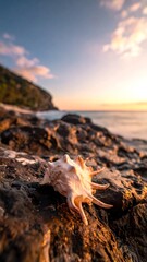 Seashell resting on jagged rocks at golden hour, calm ocean and hillside background