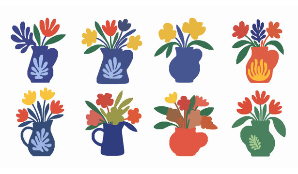 Abstract naive floral vase vector set simple hand drawn flowers in pots jugs illustration