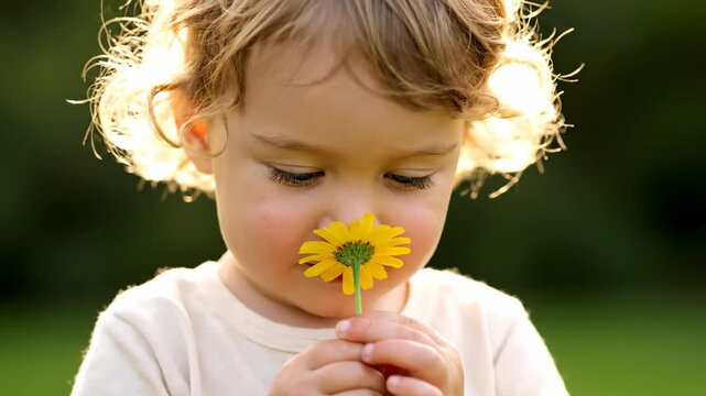 A young child with curly hair gently holds a small yellow daisy inhaling its scent in soft natural light The scene evokes simple joy and innocence