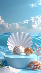 Seashells on blue podium near ocean waves under cloudy sky, in serene, bright ambiance