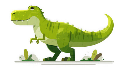 Fototapeta premium Adorable cartoon style green tyrannosaurus rex standing sideways with a gentle smile over minimal ground foliage on transparent background