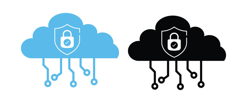Cloud Security Shield Padlock Cybersecurity Data Protection Flat Glyph Outline Icon Set Vector