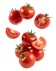 Fresh Red Tomatoes and Halved Tomatoes fresh produce isolated on a transparent background