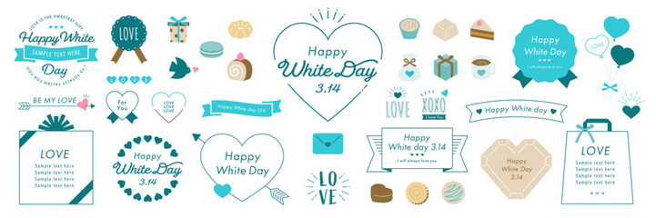 くすみブルーのホワイトデーデザインアイデアセット　白背景