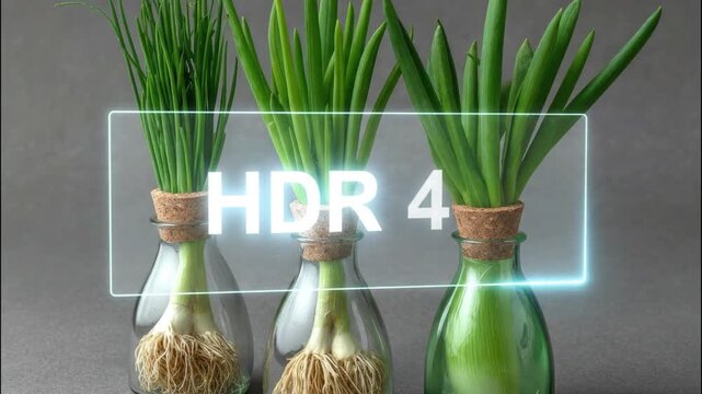 Three glass bottles with corks hold green onions and chives lit by a rectangular light