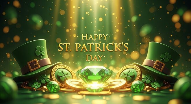 Happy St. Patricks Day greeting with green top hats, clovers, and emerald sparkle on a bokeh background. Festive design for celebration.