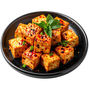 Spicy korean tofu cubes (dubu jorim) on a dark plate, elegantly isolated on a clean white background