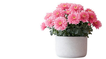 Fototapeta premium A vibrant cluster of blooming pink chrysanthemum flowers potted in a simple speckled white container on transparent background