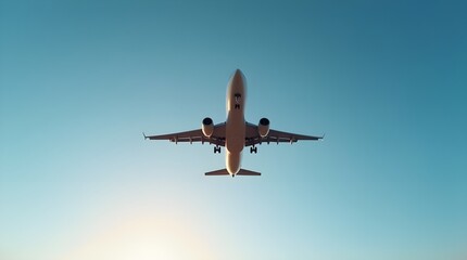 Low Angle Rear View of Commercial Passenger Airplane Flying Overhead with Clean Sky Copy Space