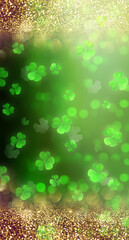 Obraz premium St. Patrick's Day green festive background with flying shamrock leaves, holiday party pattern with clover, abstract celebrating vertical backdrop with glittering golden bokeh.