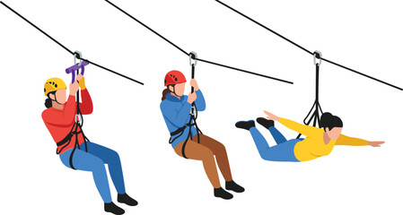 Zipline Adventure Illustration Set with People Riding Cable in Safety Harness for Outdoor Recreation, Extreme Sport, Travel, and Tourism Designs © Sanjida