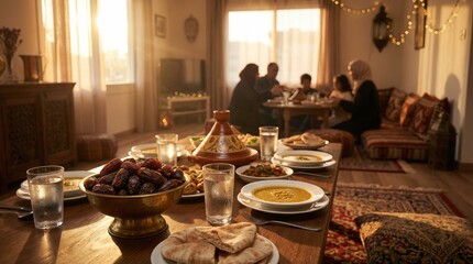 Fototapeta premium Muslim family of man, woman, and kids enjoying Iftar meal at home for Ramadan. Traditional food on table, celebration of holy month.