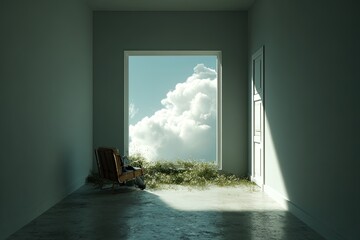 Fototapeta premium Empty Room With Sky View And Flowers