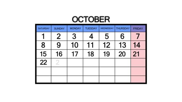 October calendar grid showing the first two weeks of the month with days of the week labeled and numbers one through fourteen displayed on a white background