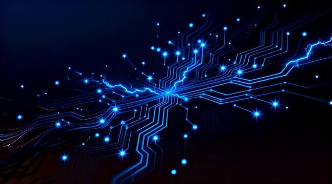 Abstract Glowing Blue Digital Circuit Lines with Electrical Sparks and Data Flow on a Dark Background. 4k slow motion