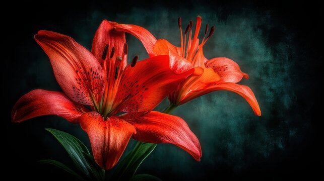 Close up of dramatic red lily flower with reflexed petals and dark textured background