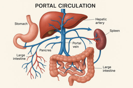 Portal circulation diagram liver portal vein anatomy digestive organ medical illustration blood vessel educational infographic
