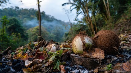 Wilted Coconut Husks, Dried Leaves, and Herbs in a Forest Setting with Smoke