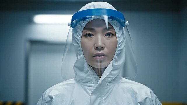 Asian woman wearing hazmat suit and face shield in a laboratory setting.