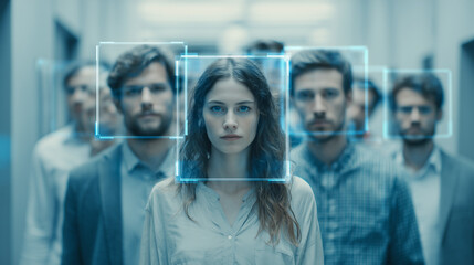 Obraz premium close-up of diverse candidates in line for facial recognition scanning, biometric security id verification of professional group in modern corporate hallway