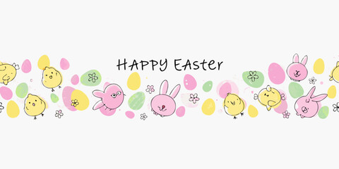 Happy easter banner with cute chicks bunnies and colorful eggs © Achinta
