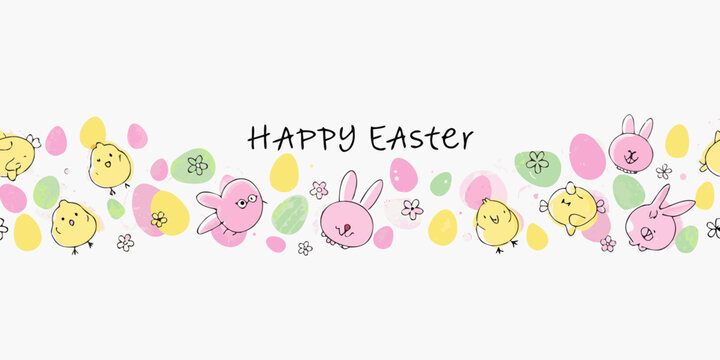 Happy easter banner with cute chicks bunnies and colorful eggs