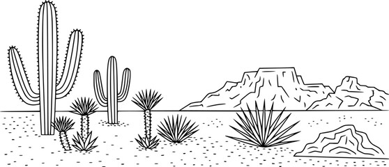 Stylized black and white desert landscape with saguaro cacti and rocky mesas cactus © simplevector