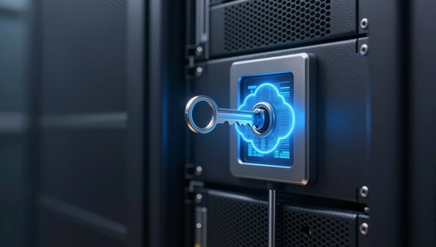 A silver key is inserted into a glowing blue cloud shaped digital lock on a server rack