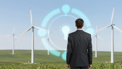 Man in suit looking at holographic lightbulb and wind turbines in a green field