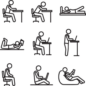 A minimalist set of black line icons depicting stick figures in various ergonomic study and work positions, including sitting at desks, standing, and reclining while using laptops or reading.