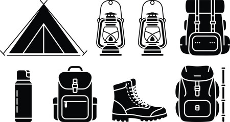 Camping and hiking gear silhouettes, tent lantern backpack boots and bottle icons, outdoor adventure equipment vector set ©  Alexander Creations