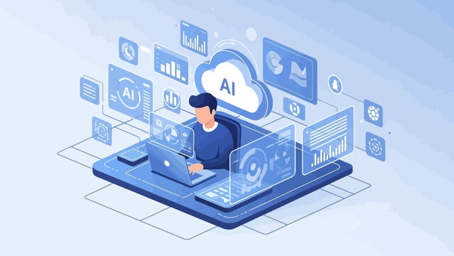 Professional man working with AI technology on laptop in modern workspace