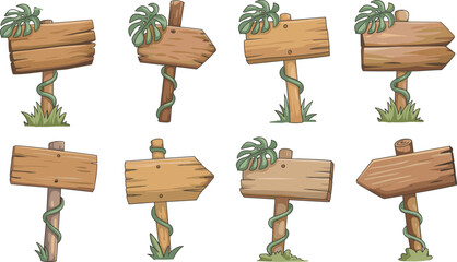 Cartoon wooden direction sign collection with tropical leaves and vines, rustic arrow signboards flat vector illustration set ©  Alexander Creations