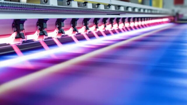 A high-tech machine sprays pink beams onto a surface, creating a vibrant gradient