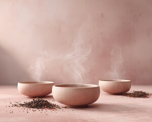 Three Ceramic Bowls of Hot Drink with Steam on a Pink Background