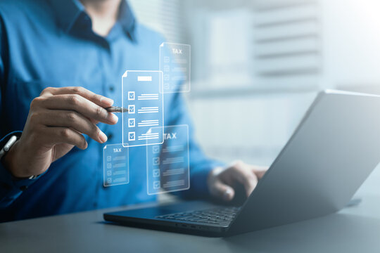 Tax and accounting concept with digital invoice and checklist interface. Represents online billing, financial compliance, expense management, business documentation, and electronic taxation system.
